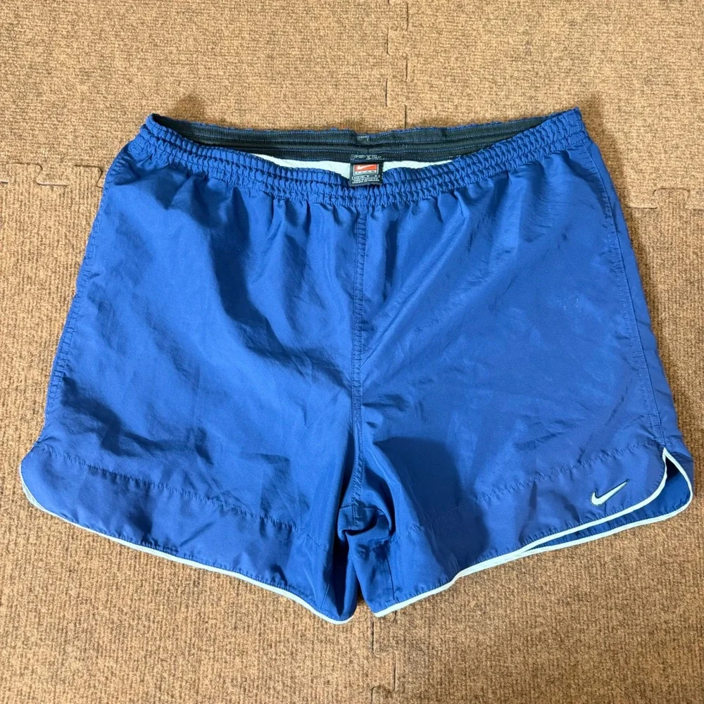 Nike Team Vintage Women Blue Running‎ Shorts White Trim L 12-14 F9HON